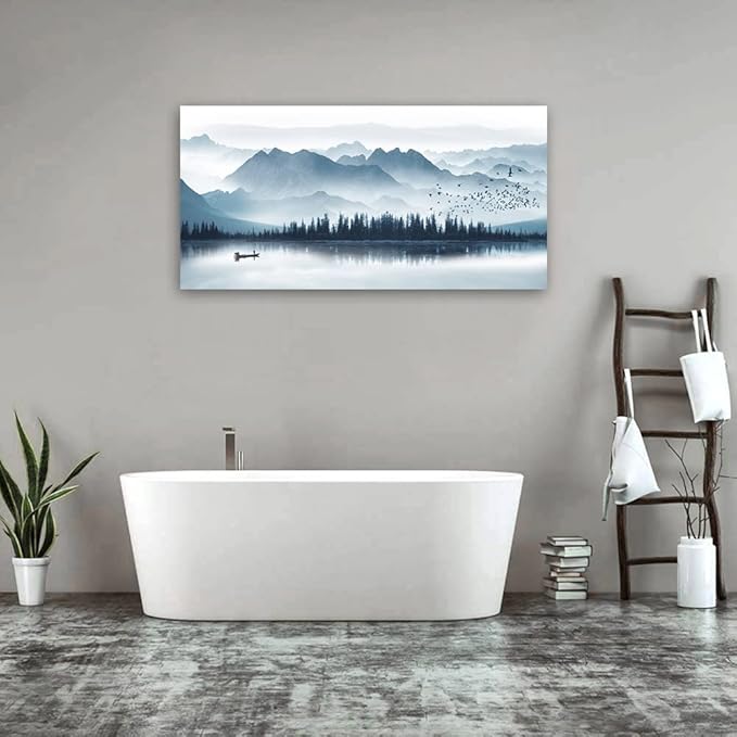arteWOODS Indigo Canvas Wall Art Misty Mountain Wall Pictures Foggy Lake Boat Canvas Painting Prints Forest Birds Canvas Wall Decor for Living Room Wall Decorations Framed Ready to Hang 24" x 48"