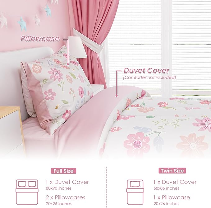 SANDJEST Floral Duvet Cover Sets Twin Size for Kids Girls, Include 1 Polyester Comforter Cover 68x86 Inches and 1 Pillowcase 20x26 Inches, Comforter Not Included, Gift for Christmas Birthday