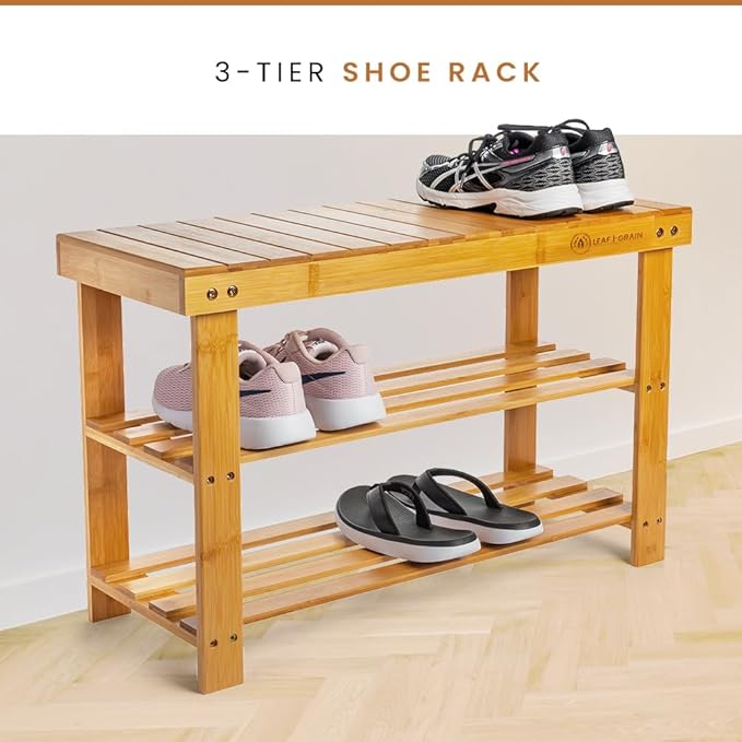 Leaf & Grain Bamboo Shoe Rack - Shoe Storage Bench for Front Door Entrance - Entryway Bench with Shoe Shelf, Shoe Storage Organizer, Wooden Shoe Rack, Durable Shoe Bench for Home (Brown)
