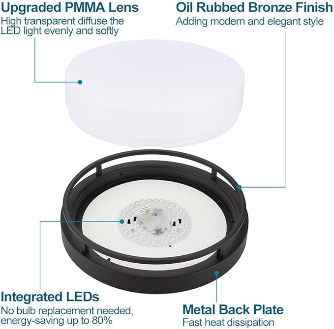 2Pack LED Flush Mount Ceiling Light Fixture 13" 20W, 3000/4000/5000K Color Adjustable, Dimmable Ceiling Lamp for Kitchen, Hallway, Stairwell, Oil Rubbed Bronze, ETL