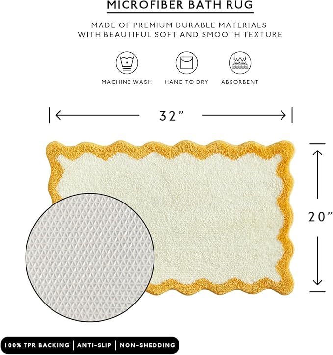 MONDAY MOOSE Bath Mat with Scalloped Wavy Ripple Design, Microfiber Absorbent Non Slip Tufted Rug for Floor, Shower or Kitchen (20x32 inch, Yellow)