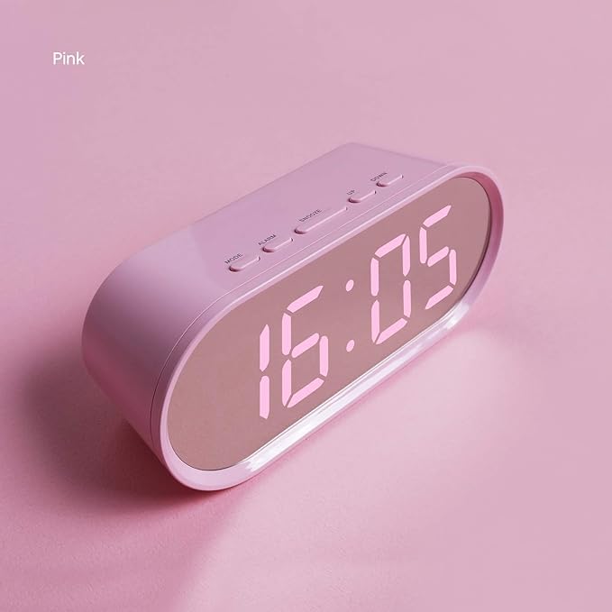 mooas Pop Mirror Digital Alarm Clock, LED Desk Pink Clock with Nightlight, Snooze, Temperature, Battery Operated Small Size Cute Mini Clock for Kids Girls Bedroom Livingroom Office (Pink)