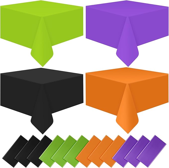 MASHAN 12Pcs Halloween Tablecloth Plastic Orange Black Purple Green Table Cloths Disposable Rectangle Table Covers for Halloween Theme Kids Birthday Witch Vampire Party Decorations, 54 x 108 Inch