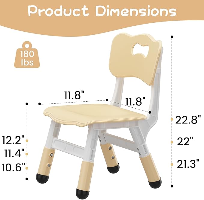 GAOMON Kids Chair Set of 2, 3 Level Height Adjustable Kid Chair, Plastic Toddler Chairs for Children Boys Girls Age 2-6, Suitable for Home Family Classroom Nursery Indoor Use, Beige