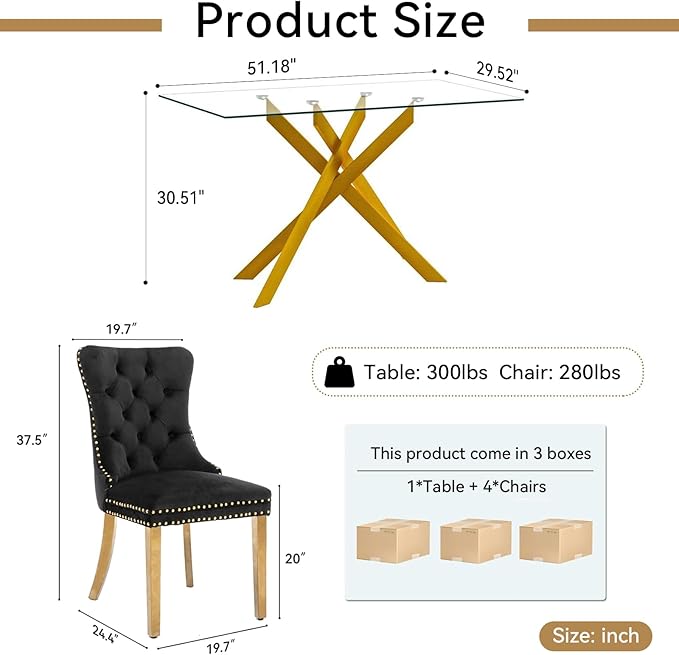 Goujxcy Glass Dining Table Set for 4, Modern Kitchen Table and Chairs Set of 4, 5-Piece Kitchen Dining Room Table Set w/51 Gold Glass Dining Table and 4 Black Velvet Upholstered Chairs