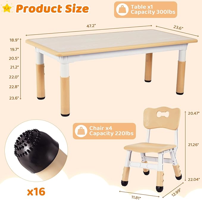 Arlopu Kids Table and 6 Chairs Set, Height Adjustable Graffiti Desk, Preschool Activity Art Craft Table, for Daycare Classroom Home Boys and Girls Age 3-12 (Beige)
