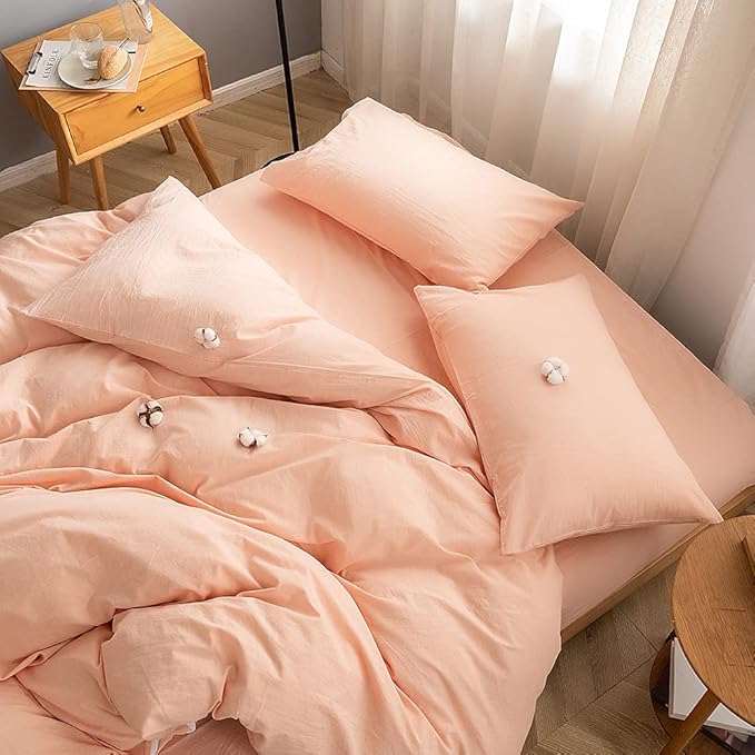 FACE TWO FACE Bedding Duvet Cover Set 3 Pieces 100% Washed Cotton Duvet Cover Linen Like Textured Breathable Durable Soft Comfy (Queen, Pink)