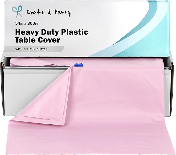 Craft And Party, 54 in x 300 feet Plastic Table Cover Roll for Party, Banquet, Picnic, Kids Activities for Any Size and Shape Table (Light Pink, 54" x 300ft)