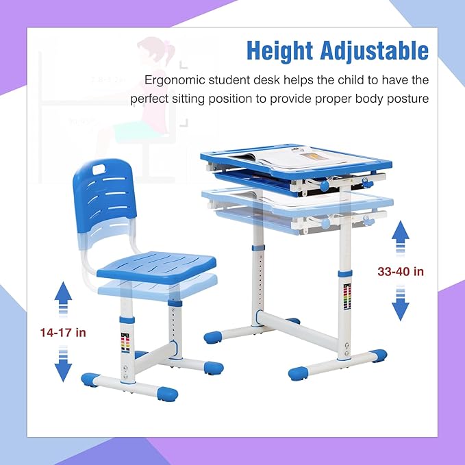 PayLessHere Kids Desk and Chair Set,Height Adjustable Study Desk for Kids with Pull Out Drawer Storage,Multi-Function Study Desk and Chair for Writing, Reading and Drawing,Blue
