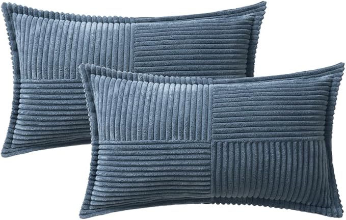 MIULEE Decorative Lumbar Throw Pillow Covers for Couch Bed Livingroom 14x22 Inch Set of 2 Blue Boho Accent Throw Pllows Broadside Striped Patchwork Soft Corduroy Summer Coastal Pillowcases