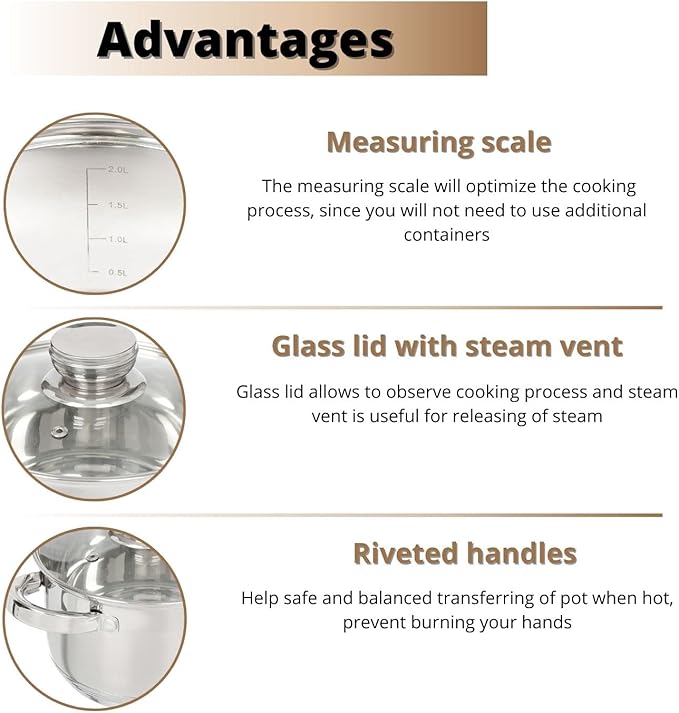Daniks Standard Stainless Steel Stock Pot with Glass Lid – Induction 10 Quart, Dishwasher Safe, Measuring Scale, For Soup, Pasta, Stew, Silver