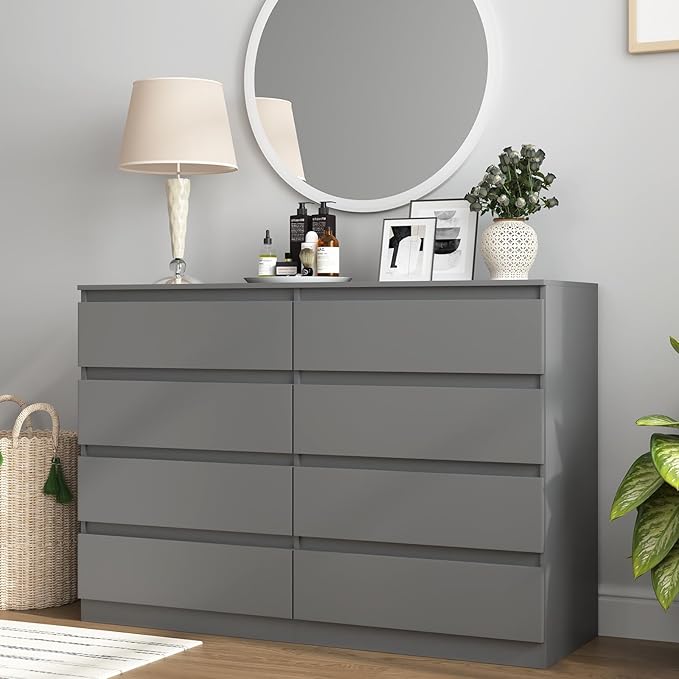 Grey Dresser for Bedroom,Modern Large 8 Drawer Dresser with Deep Drawer,Wide Storage Chest of Drawer,Wood Bedroom Storage Organizer Furniture,TV Stand for Living Room