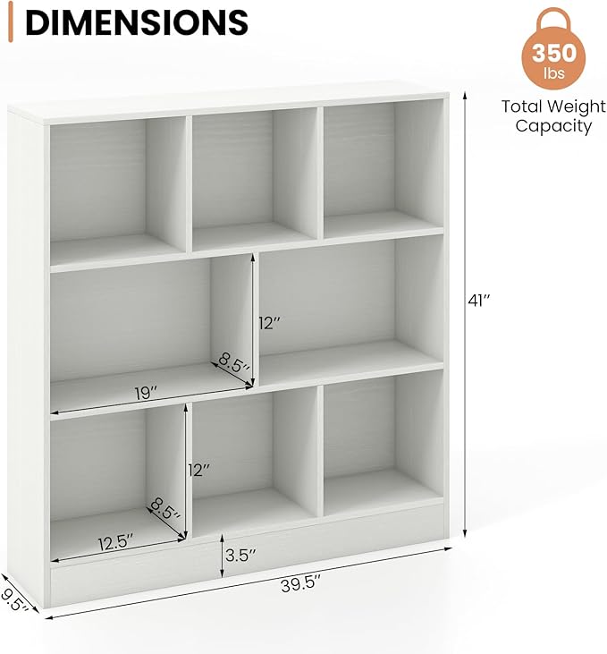 Costzon Wooden Toy Storage Organizer, 8-Cube Kids Bookshelf w/ 2 Anti-Toppling Kits, 3 Tier Open Shelves & Non-Slip Foot Pads, Book Shelf for Kids Rooms, Playroom, Classroom, Nursery (White)