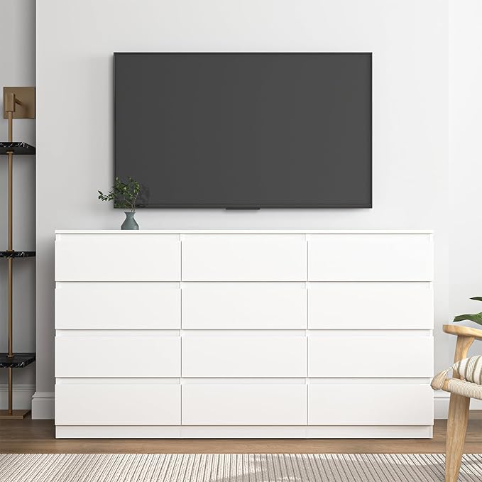 White Dresser for Bedroom,Modern Long 12 Drawer Dresser with Deep Drawer,Wood Storage Chest of Drawer, Bedroom Storage Organizer,TV Stand for Living Room