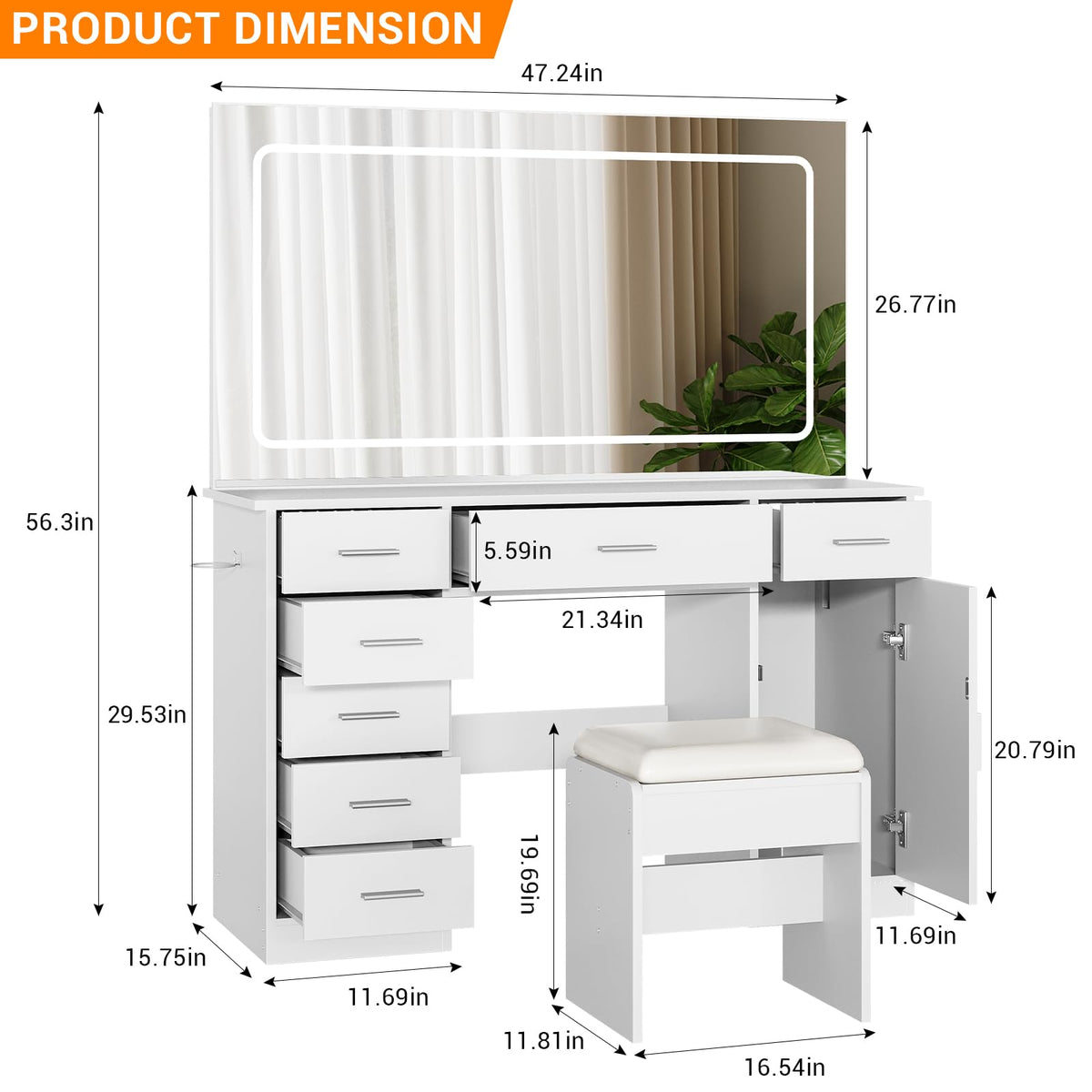 Garvee Modern Vanity Desk with Mirror & LED Lights – 7 Drawers, White