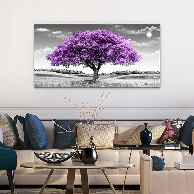 Canvas Wall Art for Living Room Large Wall Decor for Office Modern Bedroom Decorations Purple Tree Landscape Pictures Black and White Paintings Artwork Room Wall Mural Farmhouse Home Decor