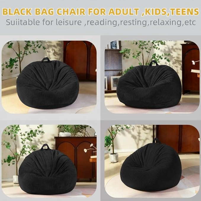 Stuffed Animal Storage Bean Bag Cover (No Filler), Corduroy Kids & Toddler Bean Bag Chair for Teens & Adults, Toy Storage Organizer, Comfy Sofa for Playroom (Onyx Black, Kids (Cover Only）)