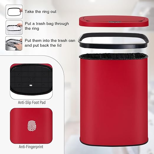 PayLessHere 13 Gallon Trash Can Kitchen Trash Can Automatic Garbage Can with Lid Touch Free High-Capacity Motion Sensor for Kitchen Bedroom Bathroom Office Trash Bin (1, Red Stainless Steel)