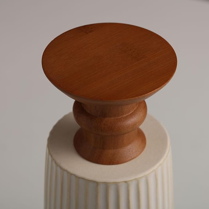hjn White Cermaic Vase for Flowers Decor Vase with Wooden Base for Your Home Decor/Table/Kitchen/Office/Living Room-White (French Vertical Pattern)
