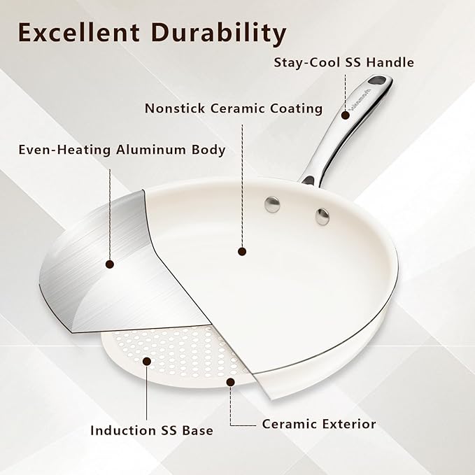 8" Ceramic Nonstick Frying Pan, Small Skillet, Cooking Pan Non Toxic with Stay Cool Handle for Induction, PTFE & PFAS & PFOA Free, Dishwasher/Oven Safe, White