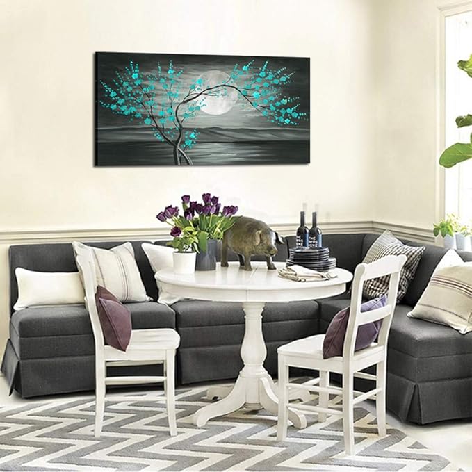 KREATIVE ARTS Large Canvas Prints Wall Art Grey and Teal Plum Blossom Tree and Full Moon Landscape Contemporary Painting for Home Living Room Decorations 20x40inch
