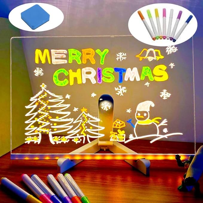 LED Note Board with Colors, Light Up Acrylic Message Board, Led Drawing Board, Illuminated Acrylic Notepad with Adjustable Stand and 7 Pens (5.9" × 5.9")