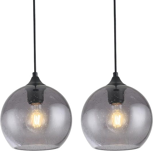 Gray Glass Pendant Lights Kitchen Island Lighting Globe Pendant Light Fixtures Modern Pendant Lighting for Kitchen Island Bedroom Living Dining Room Light Fixture-9.8in,2Pack