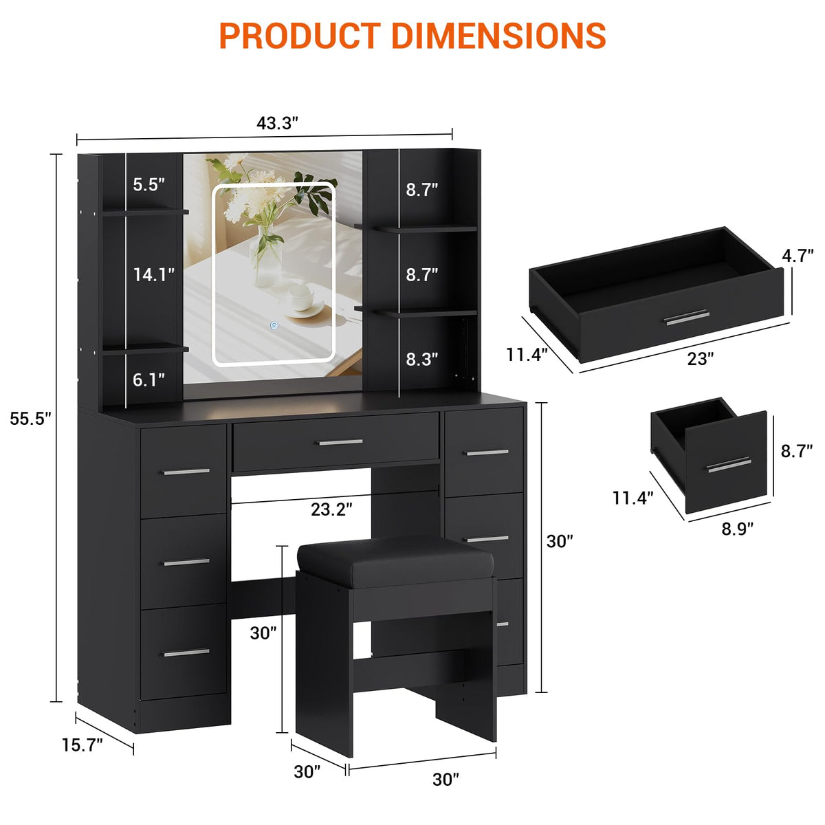Garvee Makeup Vanity with Mirror and Chair, Power Outlet, Hairdryer Holder, 7 Drawers, 3 Lighting Modes Brightness Adjustable Dressing Table for Bedroom