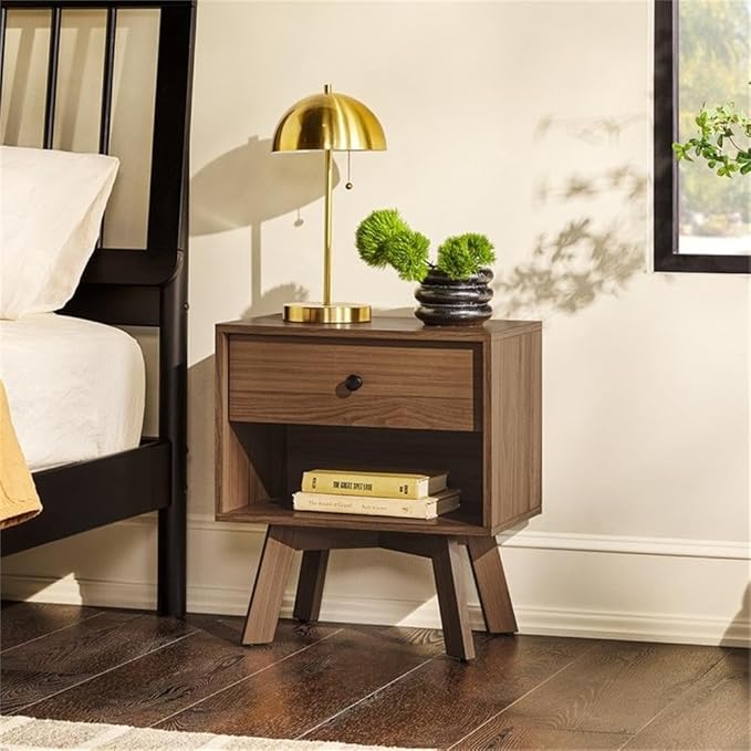 Walker Edison Mid Century Modern 1-Drawer Nightstand Bedroom Storage Drawer and Shelf Bedside End Table, 21 Inch, Mocha