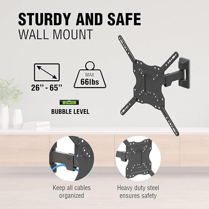ELG Full Motion TV Wall Mount for TVs 26'' to 65'', Holds up to 66.1lbs, Articulating Arms Swivels Tilt Extension, Max VESA 400x400mm, FULL40, Steel, Black