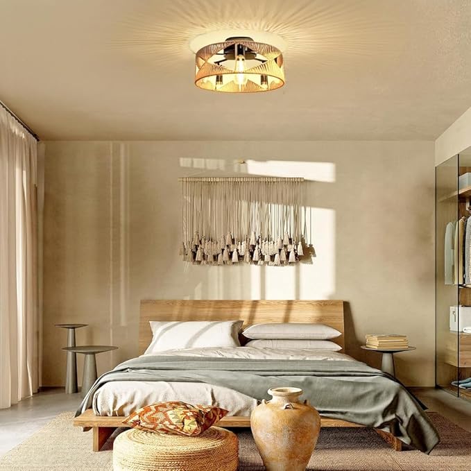 20 inch Boho Flush Mount Ceiling Light Fixture with 5-Light, Hand-Woven Rattan Chandelier with Integrated Metal Frame, Ceiling Light Hanging for Dining Room, Bedroom, Entryway, Living Room, Farmhouse