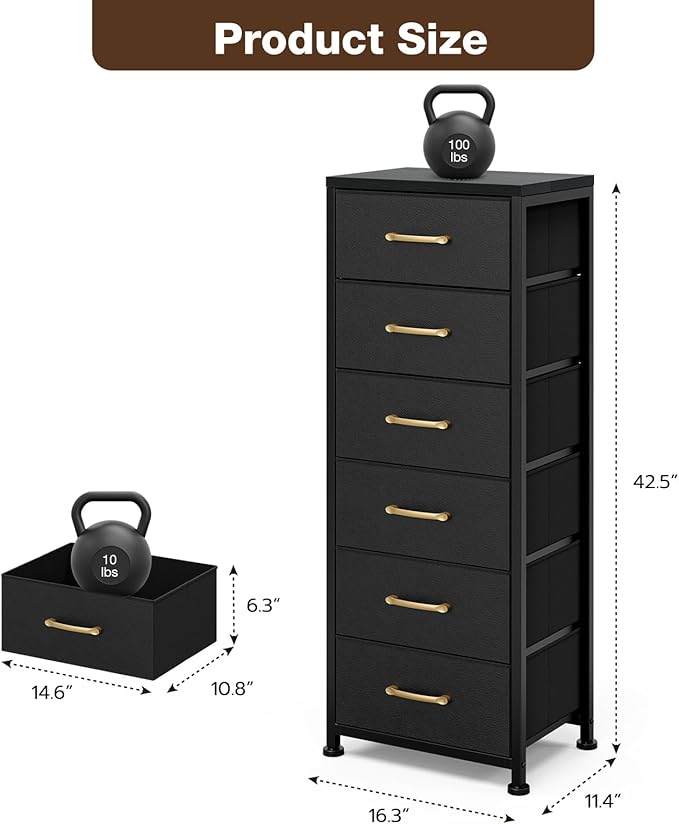 Tall Dresser with 6 Drawers, Chest of Drawers with Fabric Bins, Storage Organizer Tower with Wood Top & Steel Frame for Bedroom, Living Room and Entryway - Black
