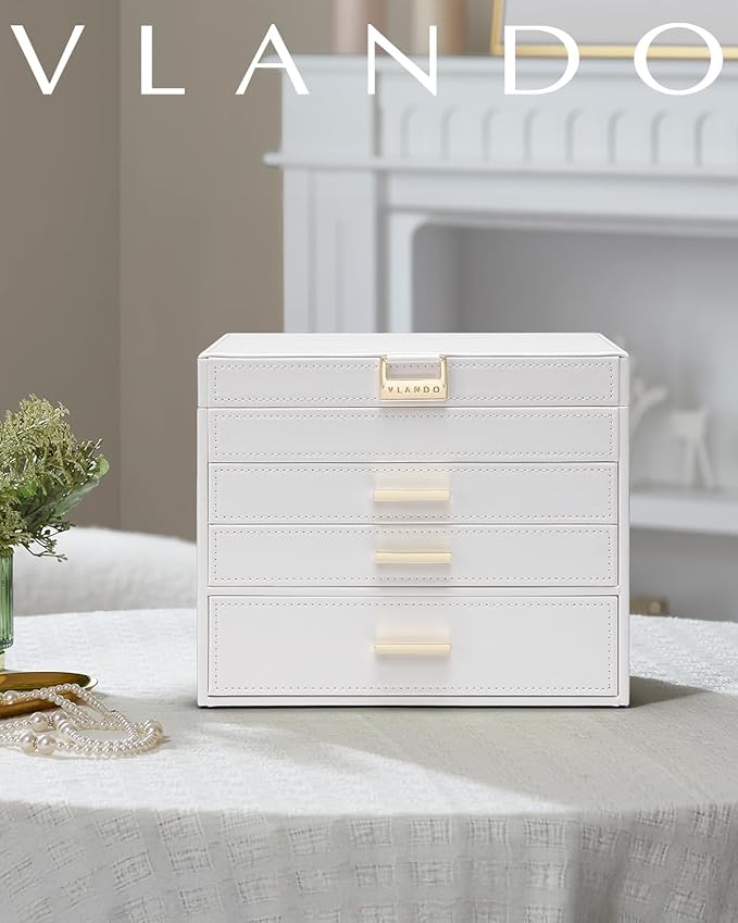 Vlando 4 Layer Large Jewelry Box - Jewelry Holder Organizer, Jewelry Box Organizer for Drawer Necklace Ring Bracelet and Watch, Birthday Gift for Loved Ones - White