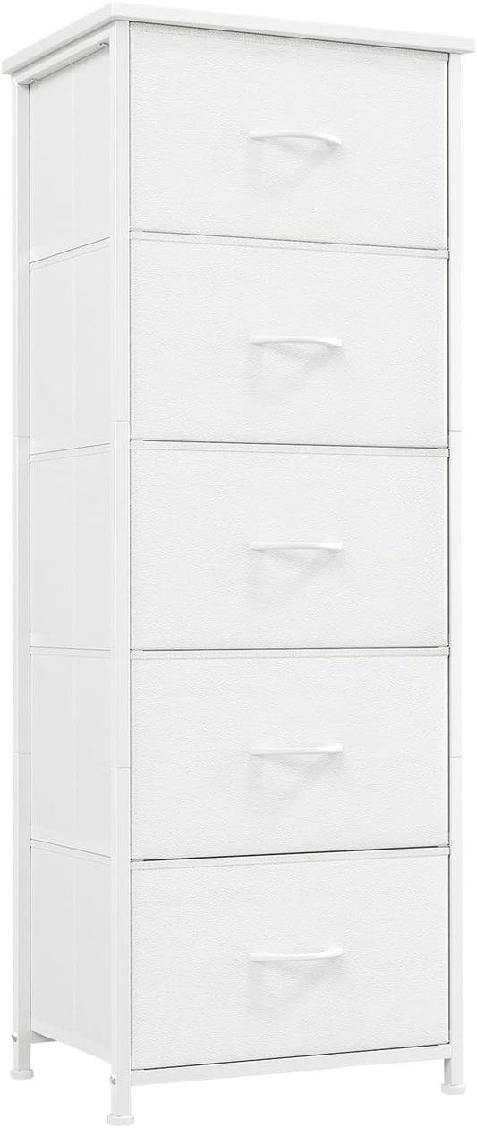 Somdot Tall Dresser for Bedroom with 5 Drawers, Storage Organizer Chest of Drawers with Removable Fabric Bins for Closet Bedside Nursery Laundry Living Room Entryway Hallway, White Leather