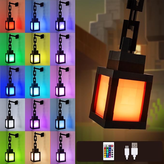Pixelated Lantern Night Light - Rechargeable 16-Color LED Mood Light w/Remote & Touch Control, Portable Wall/Table Lamp for Bedroom Decor, Kids Room, Camping & Gifts