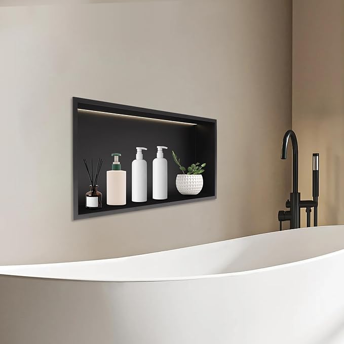 Shower Niche Cabinet, LED Light Shower Ni-Che, 13 x 25 x 4 inch Recessed Wall Niche with LED Strip, No Tile Need Shower Shelf for Bathroom Recessed Wall Shelf Horizontal Ni-Che, Black