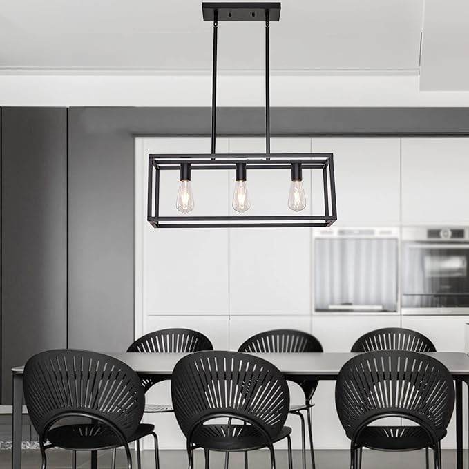 Farmhouse Rectangle Chandeliers for Dining Rooms, Modern Linear Hanging Light Fixture Matte Black 3-Light Industrial Pendant Lighting for Kitchen Island