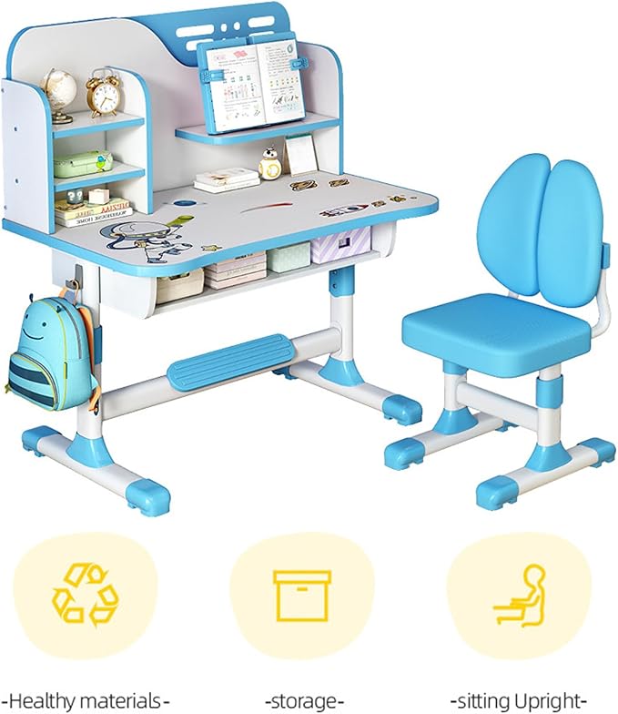 Kids Desk and Chair Set, Height Adjustable Kids Study Table and Chair Set, Children School Desk with Storage Drawer and Book Stand, Ergonomic Child Toddler Deskwith Sitting Posture Corrector (Blue 3)