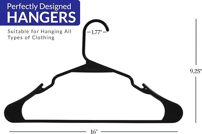 Royale Linens 20 Pack Black Plastic Hangers for Clothes - Heavy Duty Clothes Hanger for Everyday Use - Lightweight & Space Saving Notched Plastic Hangers