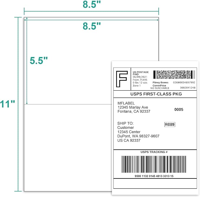 MFLABEL Half Sheet Label Laser/Ink Jet Shipping Label 8.5 x 11 Inches Packaging Labels, Address Labels for Laser & Inkjet Printers, 1600 Count(800 Sheets)