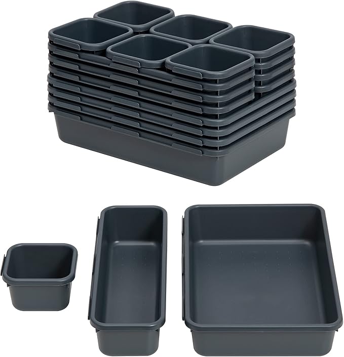 BYCY 18 Pcs Drawer Organizers Trays Set for Office Bathroom Dresser Interlocking Dividers Storage Bins Pack (18 Pieces Set)