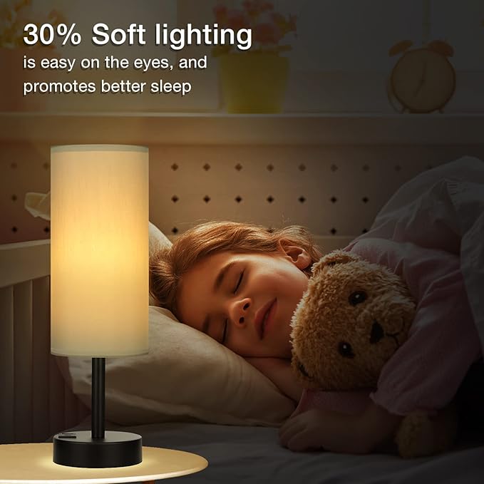 Grey Touch Nightstand Lamps for Girl - Small Bedside Lamp with USB-C and USB Charging Ports, 3 Way Dimmable Control Table Lamp for Living Room Office, Dorm, Reading with Fabric Shade Black Base