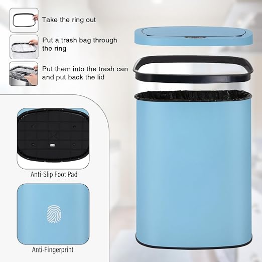 PayLessHere 13 Gallon Trash Can Kitchen Trash Can Automatic Garbage Can with Lid Touch Free High-Capacity Motion Sensor for Kitchen Bedroom Bathroom Office Trash Bin (1, Blue Stainless Steel)
