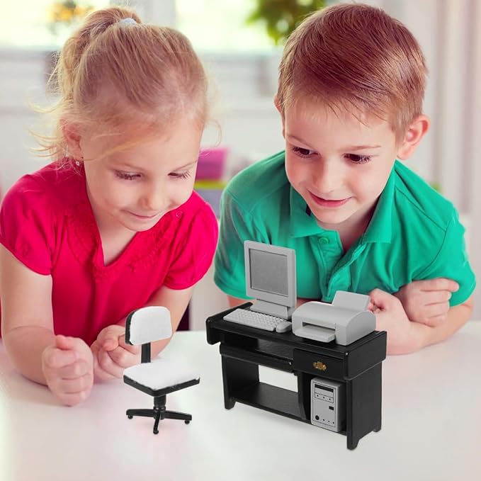 NUOBESTY 1:12 Dollhouse Miniature Office Furniture Set - Black Desk & Chair with Computer, Mouse, Keyboard, Printer for Kids' Doll House Decoration