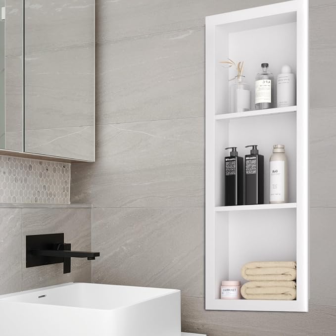 Stainless Steel Shower Niche 12" X 36"，3-Tier Shelf Niches Bathroom Shelf Recessed Wall Niche No Tile Needed Shower Shelf for Bathroom Storage(White, 12 x 36)
