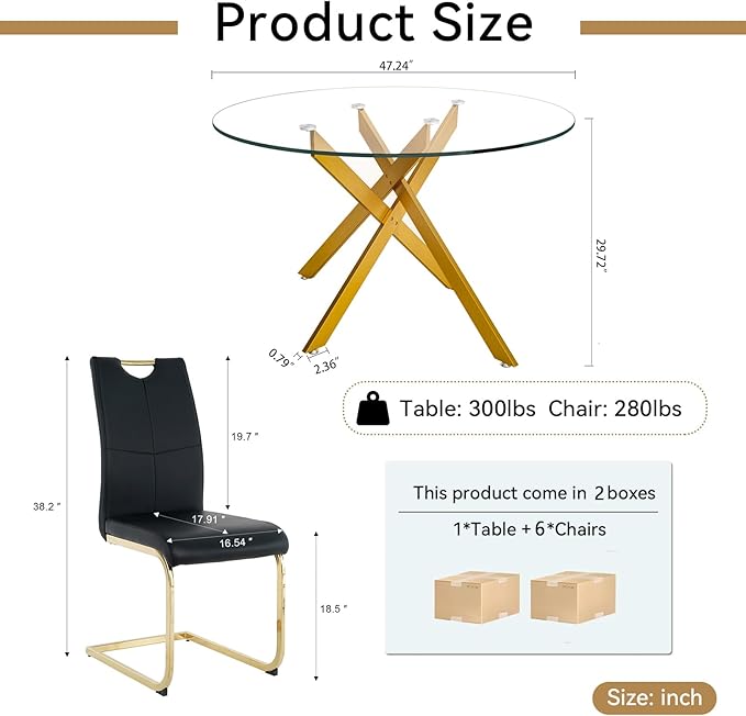 Goujxcy Round Dining Table Set for 6, Modern Glass Kitchen Table and Chairs Set of 6, 7 Piece Dining Room Table Set with 47" Circle Gold Metal Glass Dinner Tables and 6 Black Leather Dining Chairs