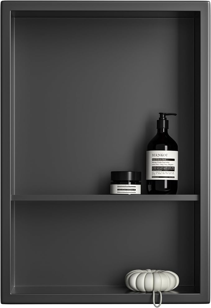 Stainless Steel Shower Niche 18" X 12" Matte Black No Tile Needed Vertical Niche Shower with Two- Tier Shelves Recessed Wall Niches for Bathroom Storage Over Mount Installation