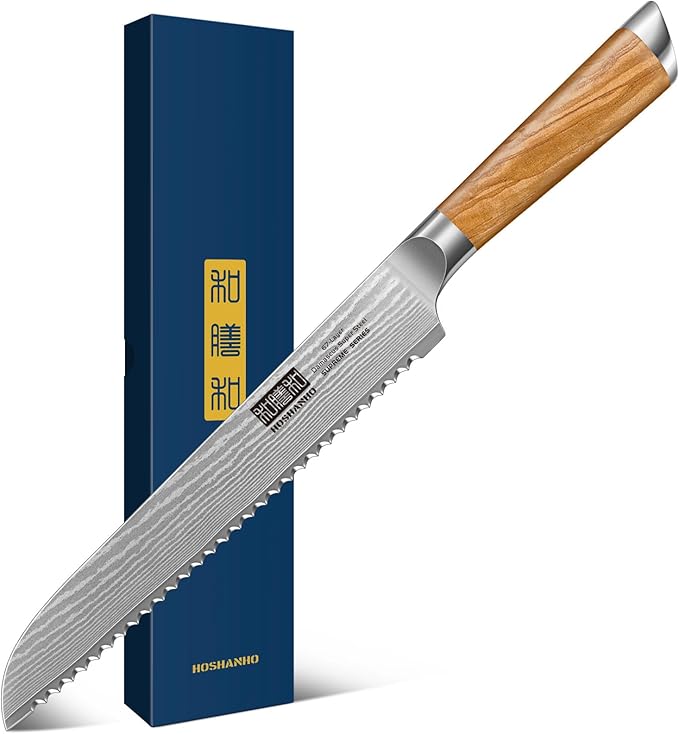 Bread Knife 8 Inch, Damascus Steel Bread Kitchen Knife with Ergonomic Olive Wood Handle, Professional Ultra-Sharp Serrated Knife for Homemade Bread, Sourdough Bread Cutting