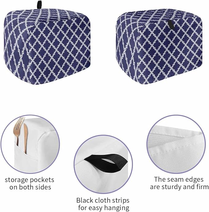 Toaster Cover 2 Slice Moroccan Pattern Toaster Oven Cover with Pockets Geometric Trellis Navy Blue Dustproof Bakeware Protector Small Kitchen Appliance Dust Covers and Fingerprint Protection for Women