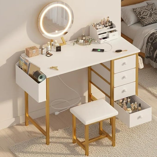 Gold Vanity Desk with Mirror and Light- Makeup Vanity Set Table with Chair, Storage, Lighted Mirror, 4 Large Fabric Drawers & Power Outlet, Dressing Table Vanities for Girls Bedroom